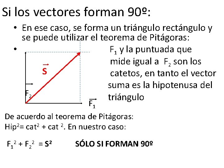 Si los vectores forman 90º: • En ese caso, se forma un triángulo rectángulo