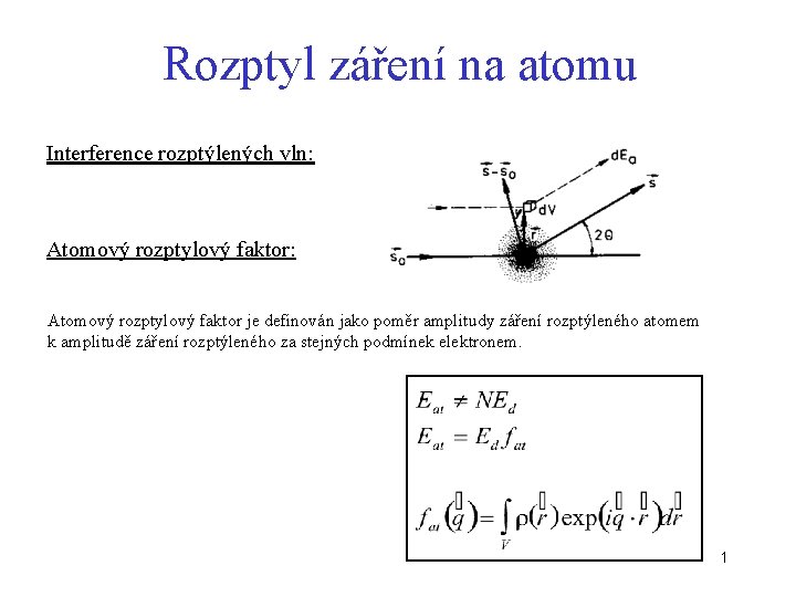 Rozptyl záření na atomu Interference rozptýlených vln: Atomový rozptylový faktor: Atomový rozptylový faktor je