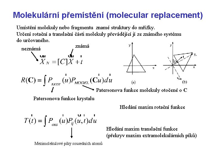 Molekulární přemístění (molecular replacement) Umístění molekuly nebo fragmentu znamé struktury do mřížky. Určení rotační