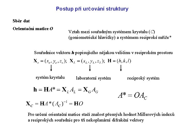 Postup při určování struktury Sběr dat Orientační matice O Vztah mezi souřadným systémem krystalu