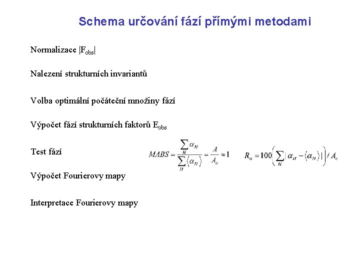 Schema určování fází přímými metodami Normalizace |Fobs| Nalezení strukturních invariantů Volba optimální počáteční množiny