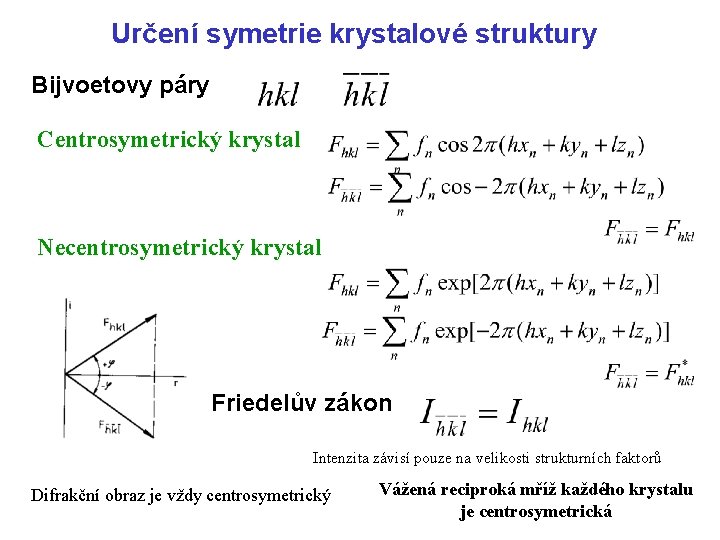 Určení symetrie krystalové struktury Bijvoetovy páry Centrosymetrický krystal Necentrosymetrický krystal Friedelův zákon Intenzita závisí