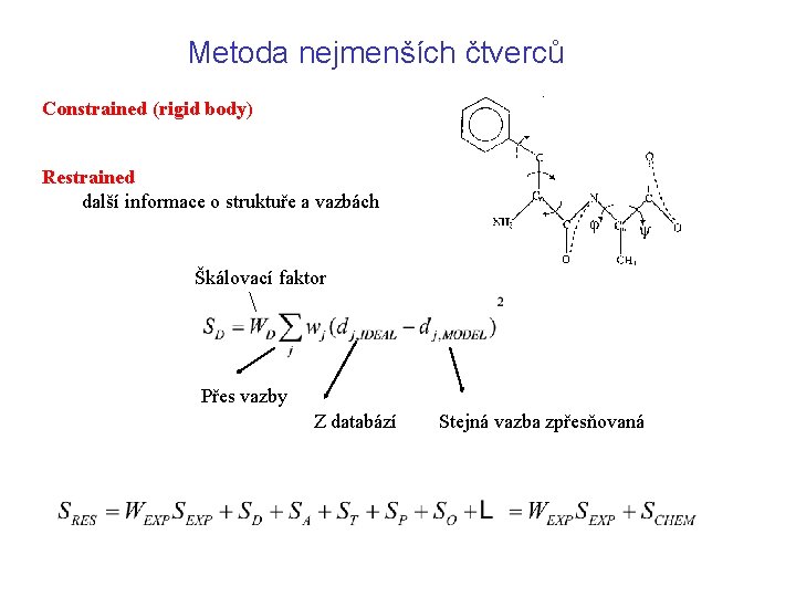 Metoda nejmenších čtverců Constrained (rigid body) Restrained další informace o struktuře a vazbách Škálovací