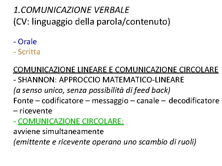 1. COMUNICAZIONE VERBALE (CV: linguaggio della parola/contenuto) - Orale - Scritta COMUNICAZIONE LINEARE E