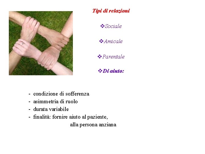 Tipi di relazioni v. Sociale v. Amicale v. Parentale v. Di aiuto: - condizione