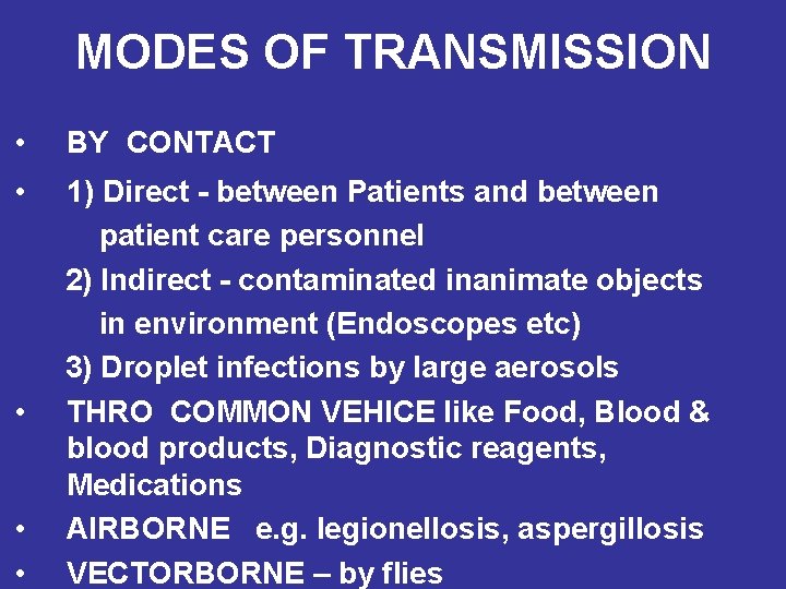 MODES OF TRANSMISSION • BY CONTACT • 1) Direct - between Patients and between