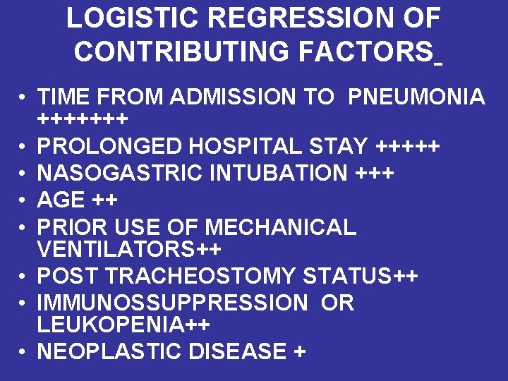 LOGISTIC REGRESSION OF CONTRIBUTING FACTORS • TIME FROM ADMISSION TO PNEUMONIA +++++++ • PROLONGED
