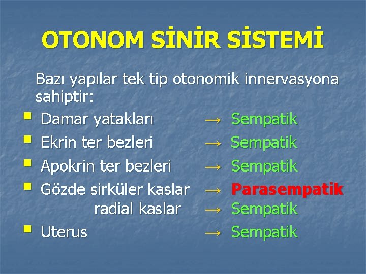 OTONOM SİNİR SİSTEMİ Bazı yapılar tek tip otonomik innervasyona sahiptir: § Damar yatakları →