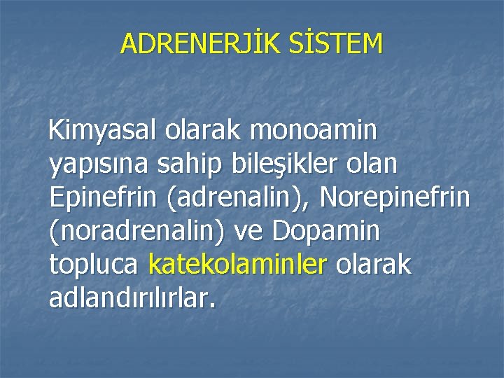 ADRENERJİK SİSTEM Kimyasal olarak monoamin yapısına sahip bileşikler olan Epinefrin (adrenalin), Norepinefrin (noradrenalin) ve