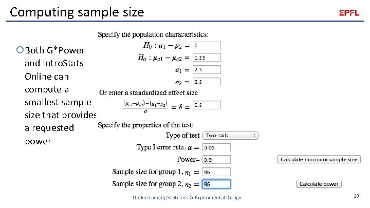 Computing sample size Both G*Power and Intro. Stats Online can compute a smallest sample