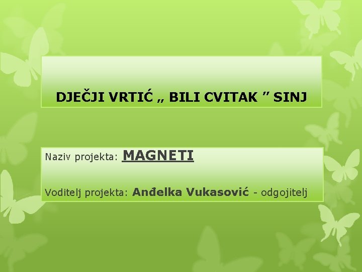 DJEČJI VRTIĆ „ BILI CVITAK ” SINJ Naziv projekta: MAGNETI Voditelj projekta: Anđelka Vukasović