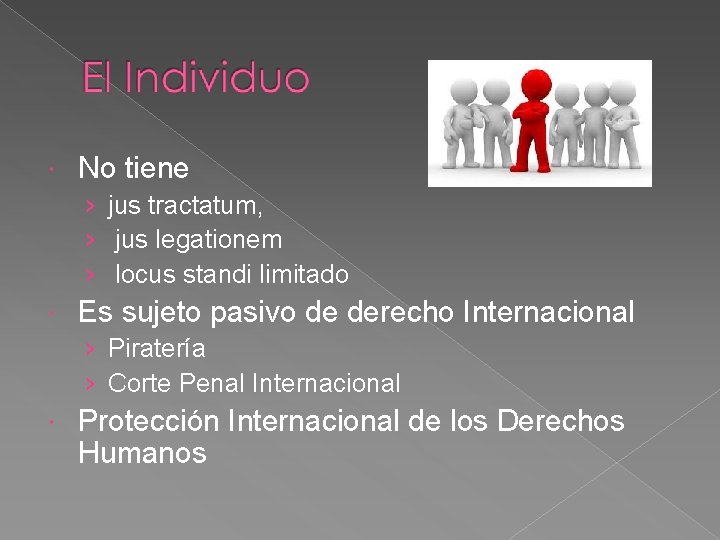  No tiene › jus tractatum, › jus legationem › locus standi limitado Es