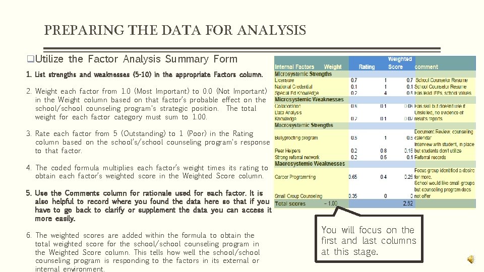 PREPARING THE DATA FOR ANALYSIS q. Utilize the Factor Analysis Summary Form 1. List