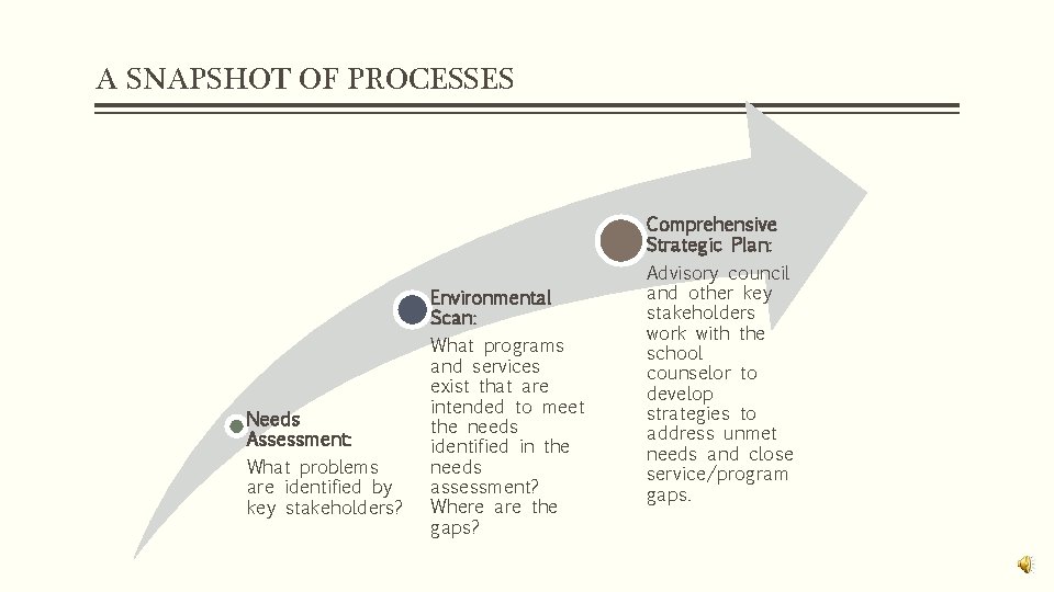 A SNAPSHOT OF PROCESSES Needs Assessment: What problems are identified by key stakeholders? Environmental