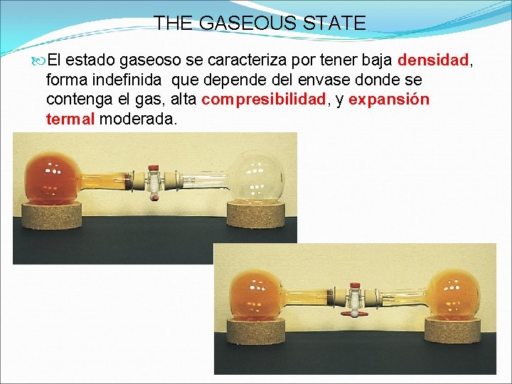 THE GASEOUS STATE El estado gaseoso se caracteriza por tener baja densidad, forma indefinida
