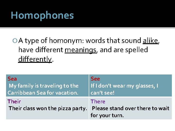Homophones A type of homonym: words that sound alike, have different meanings, and are