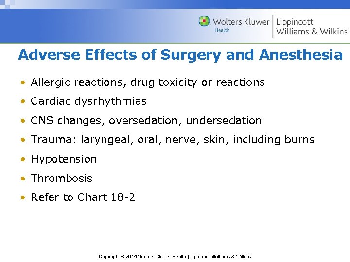 Adverse Effects of Surgery and Anesthesia • Allergic reactions, drug toxicity or reactions • Adverse Effects of Surgery and Anesthesia • Allergic reactions, drug toxicity or reactions •