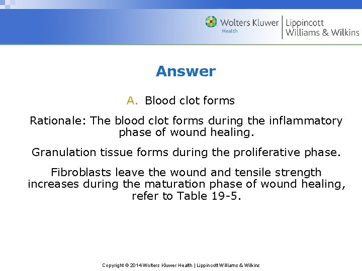 Answer A. Blood clot forms Rationale: The blood clot forms during the inflammatory phase Answer A. Blood clot forms Rationale: The blood clot forms during the inflammatory phase