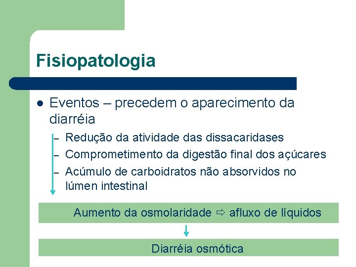 Fisiopatologia l Eventos – precedem o aparecimento da diarréia – – – Redução da