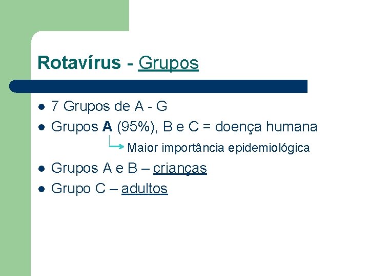 Rotavírus - Grupos l l 7 Grupos de A - G Grupos A (95%),