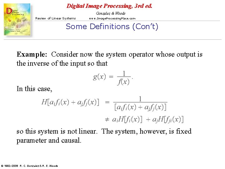 Digital Image Processing, 3 rd ed. Gonzalez & Woods Review of Linear Systems www.