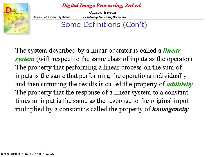 Digital Image Processing, 3 rd ed. Gonzalez & Woods Review of Linear Systems www.