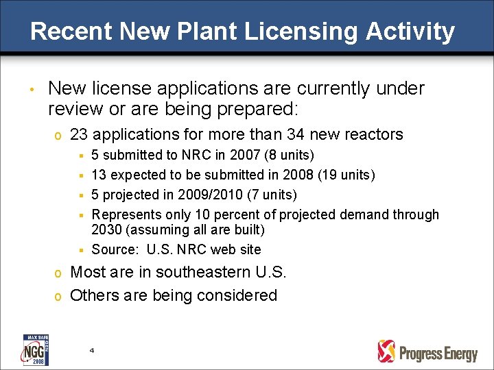 Recent New Plant Licensing Activity • New license applications are currently under review or Recent New Plant Licensing Activity • New license applications are currently under review or