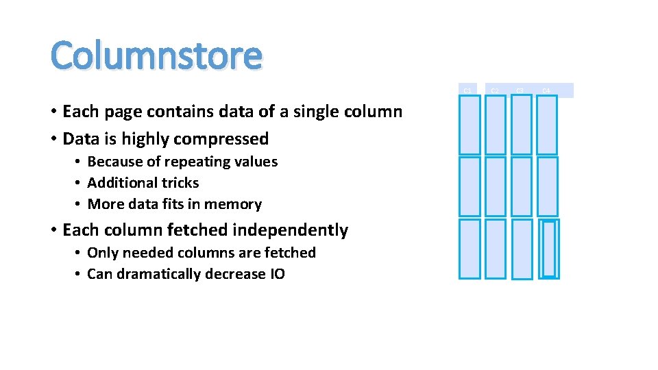 Columnstore C 1 • Each page contains data of a single column • Data