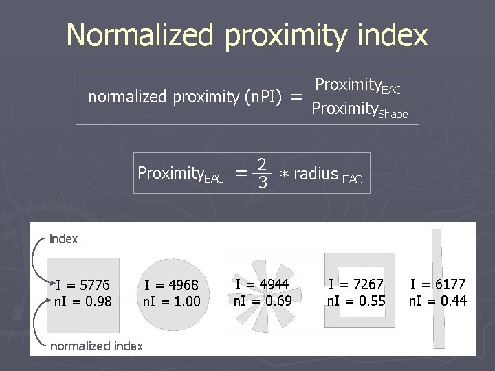 Normalized proximity index Proximity. EAC normalized proximity (n. PI) = Proximity. Shape Proximity. EAC