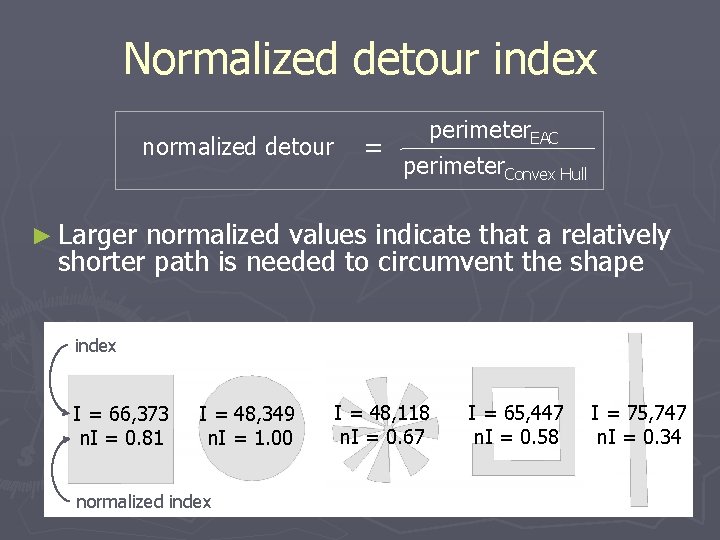 Normalized detour index normalized detour = perimeter. EAC perimeter. Convex Hull ► Larger normalized