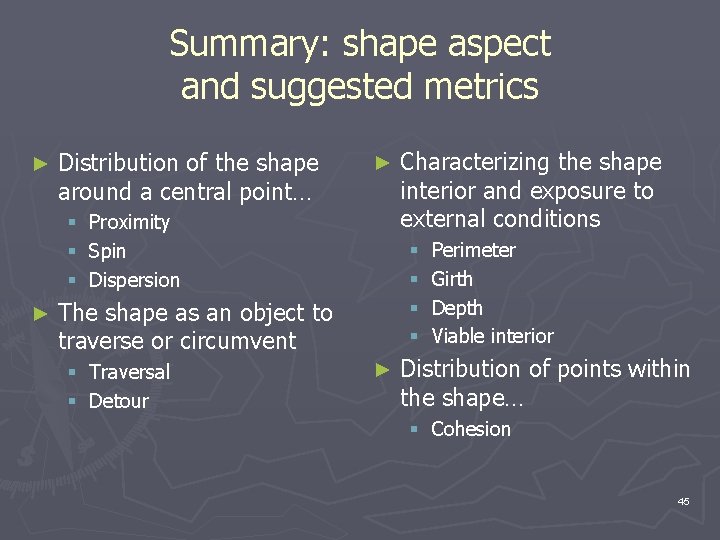 Summary: shape aspect and suggested metrics ► Distribution of the shape around a central