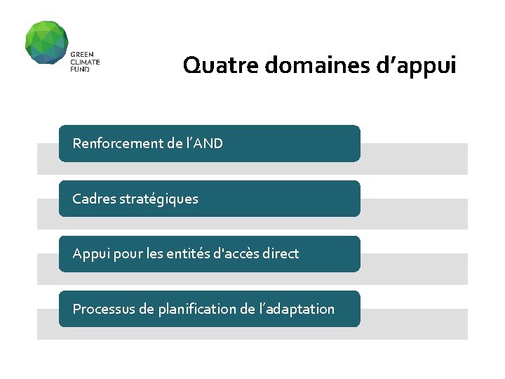 Quatre domaines d’appui Renforcement de l’AND Cadres stratégiques Appui pour les entités d'accès direct