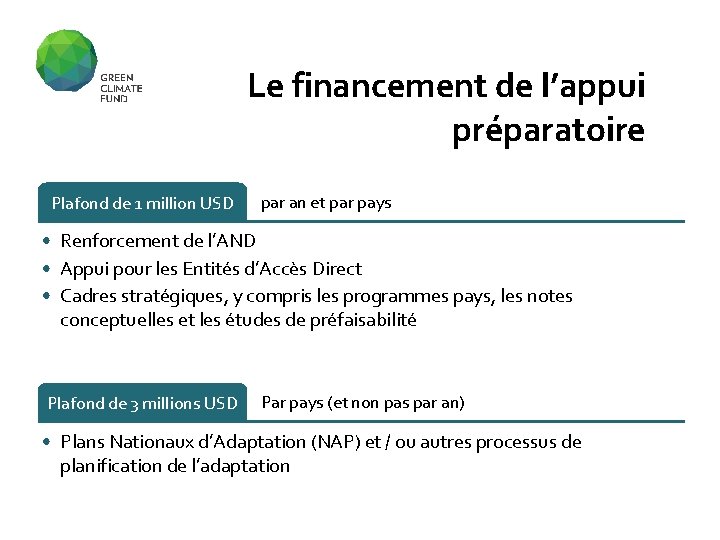 Le financement de l’appui préparatoire Plafond de 1 million USD par an et par