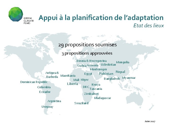 Appui à la planification de l’adaptation Etat des lieux 29 propositions soumises 3 propositions