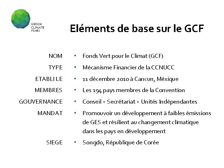 Eléments de base sur le GCF NOM • Fonds Vert pour le Climat (GCF)