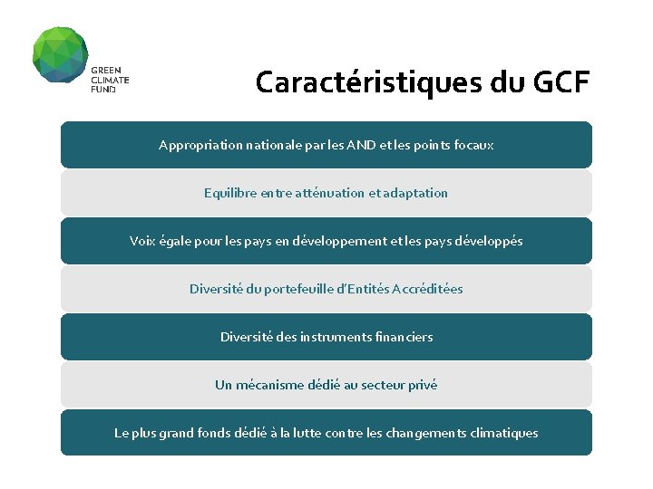 Caractéristiques du GCF Appropriation nationale par les AND et les points focaux Equilibre entre