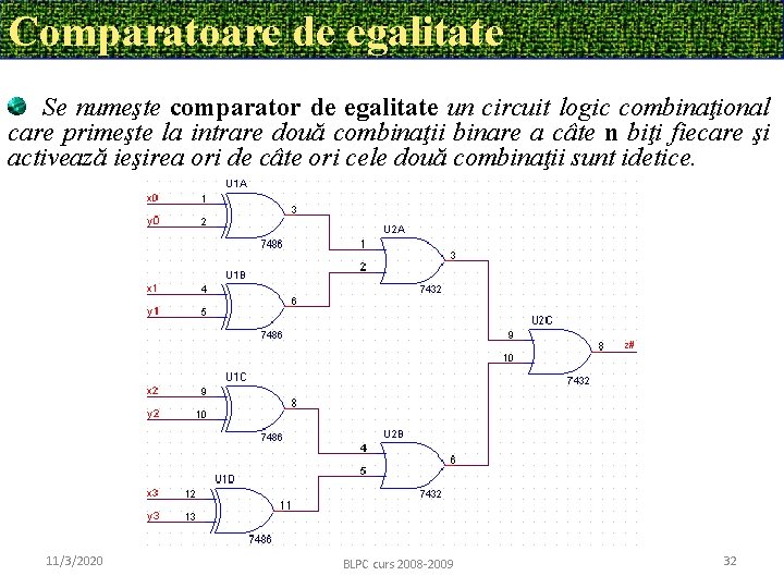 Comparatoare de egalitate Se numeşte comparator de egalitate un circuit logic combinaţional care primeşte