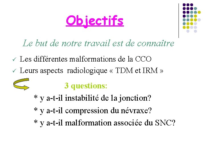 Objectifs Le but de notre travail est de connaître ü ü Les différentes malformations