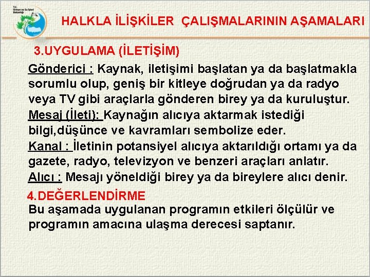 HALKLA İLİŞKİLER ÇALIŞMALARININ AŞAMALARI 3. UYGULAMA (İLETİŞİM) Gönderici : Kaynak, iletişimi başlatan ya da