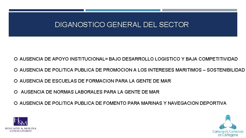 DIGANOSTICO GENERAL DEL SECTOR AUSENCIA DE APOYO INSTITUCIONAL= BAJO DESARROLLO LOGISTICO Y BAJA COMPETITIVIDAD