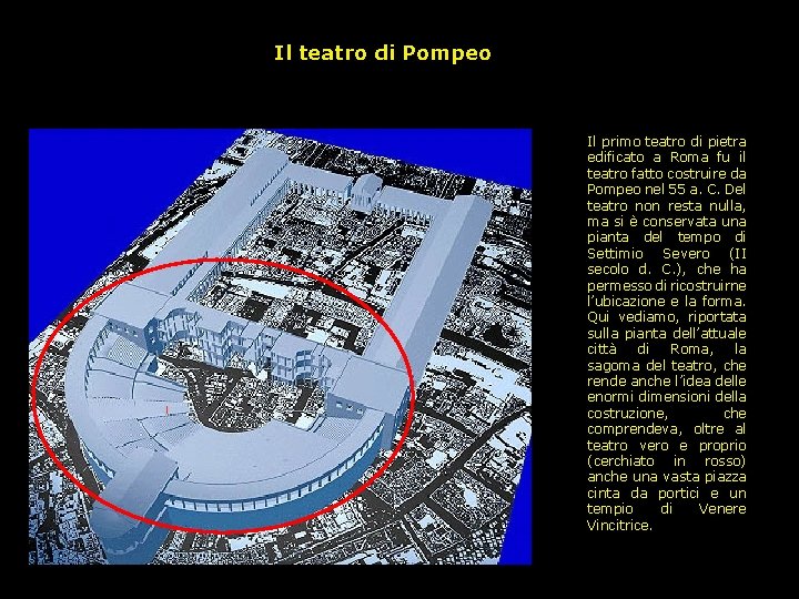 Il teatro di Pompeo Il primo teatro di pietra edificato a Roma fu il