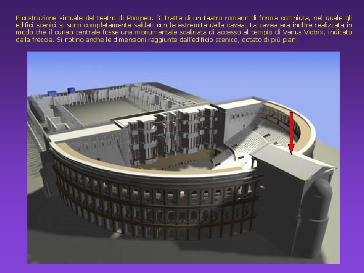 Ricostruzione virtuale del teatro di Pompeo. Si tratta di un teatro romano di forma