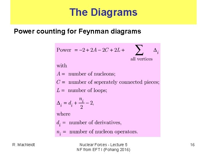 The Diagrams Power counting for Feynman diagrams R. Machleidt Nuclear Forces - Lecture 5