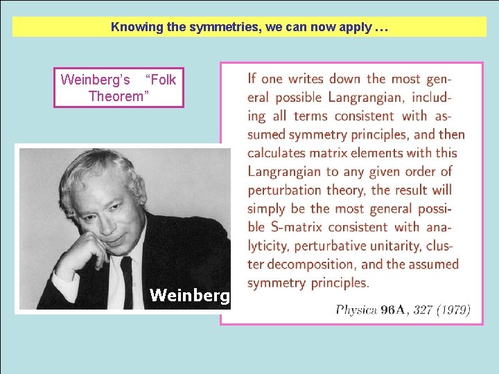 Knowing the symmetries, we can now apply … Weinberg’s “Folk Theorem” Weinberg R. Machleidt
