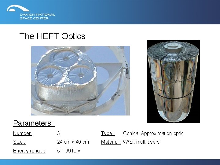The HEFT Optics Parameters: Number: 3 Type : Conical Approximation optic Size : 24