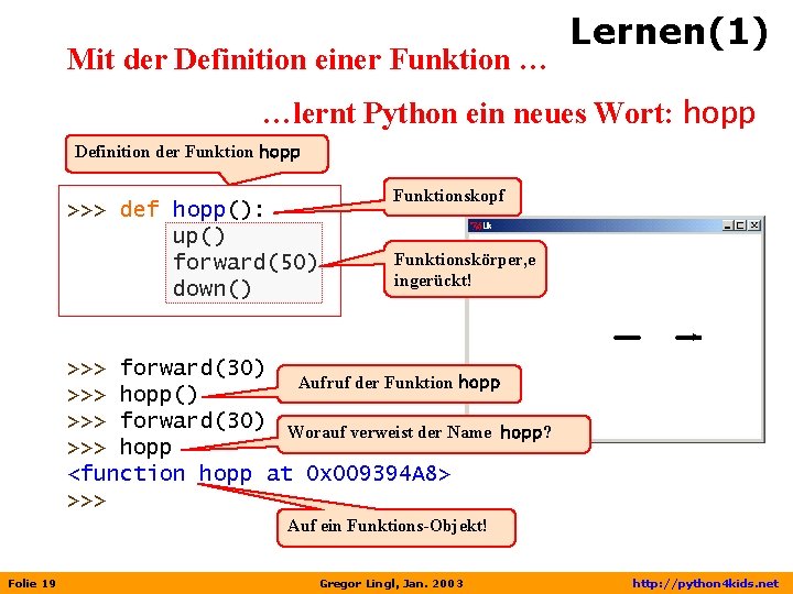 Mit der Definition einer Funktion … Lernen(1) …lernt Python ein neues Wort: hopp Definition