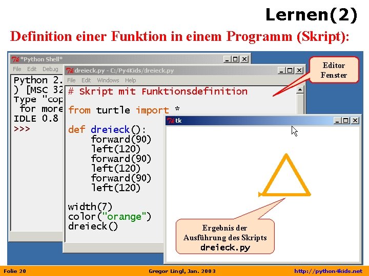 Lernen(2) Definition einer Funktion in einem Programm (Skript): Editor Fenster Ergebnis der Ausführung des
