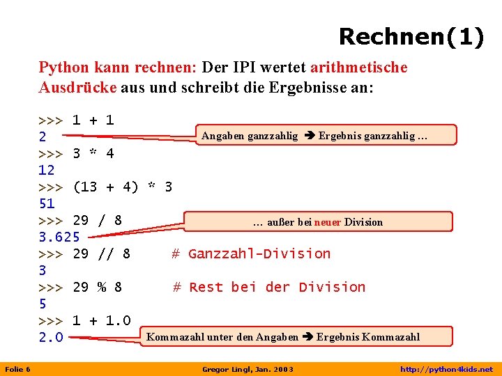Rechnen(1) Python kann rechnen: Der IPI wertet arithmetische Ausdrücke aus und schreibt die Ergebnisse