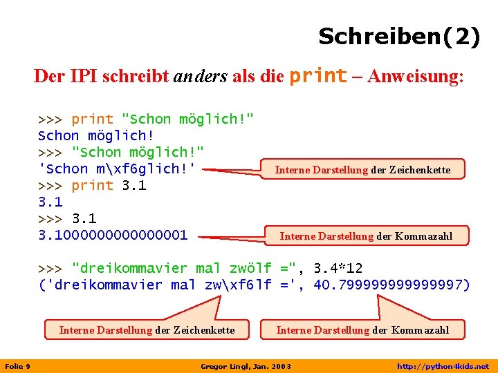 Schreiben(2) Der IPI schreibt anders als die print – Anweisung: >>> print "Schon möglich!"
