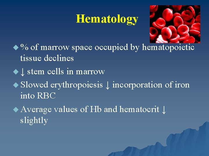 Hematology u % of marrow space occupied by hematopoietic tissue declines u ↓ stem